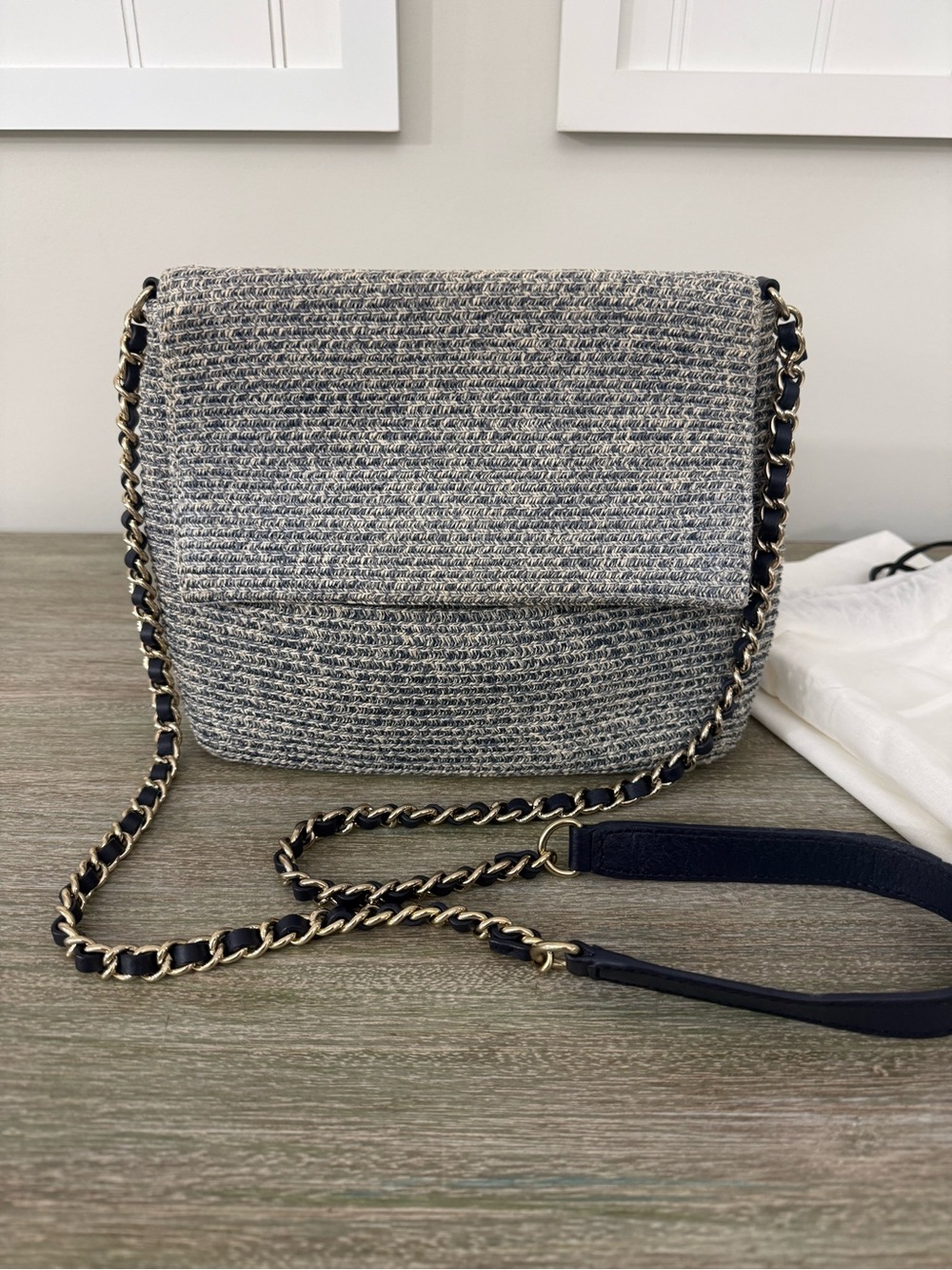 Talbots Navy Blue White Twisted Tweed Crossbody Bag Chain Strap Woven Purse